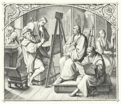 Martin Luther sedí u obrazu Lucase Cranacha staršího (rytina) od Gustav Ferdinand Leopold Konig
