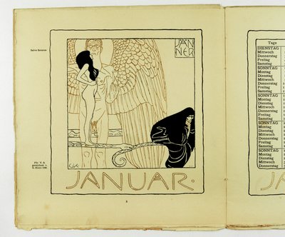 Stránka kalendáře na leden 1901 (barevná litografie) od Gustav Klimt