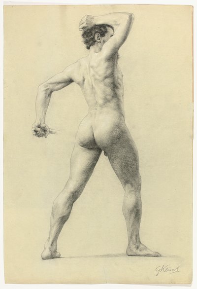 Mužský akt zezadu, asi 1880 (tužka zvýrazněná bílou křídou na papíře) od Gustav Klimt