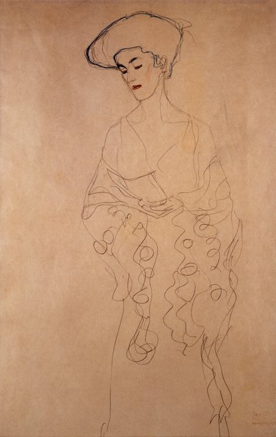 "Mit leichter wendung nach links" (Legerement tourne vers la gauche). Dessin by Gustave Klimt (1862-1918). Crayons de couleurs. Collection privee od Gustav Klimt