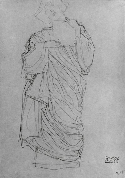 Stojící žena v róbě drží kartu, (tužka na hnědém papíře) od Gustav Klimt