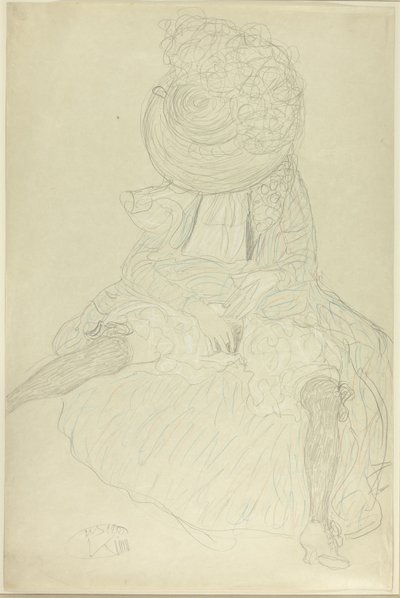 Sedící žena zepředu s kloboukem, obličej s kapucí od Gustav Klimt