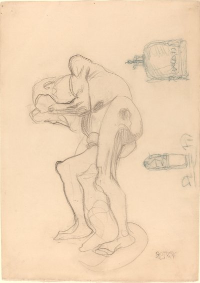Studie nahé staré ženy zatínající pěsti a dva dekorativní předměty od Gustav Klimt