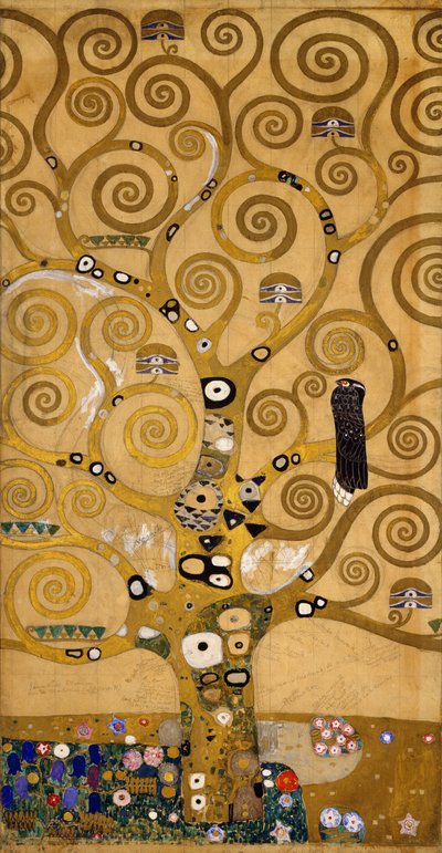 Detail stromu života (Stoclet Frieze) na levé straně, cca 1905-09 (tempera a akvarel) od Gustav Klimt