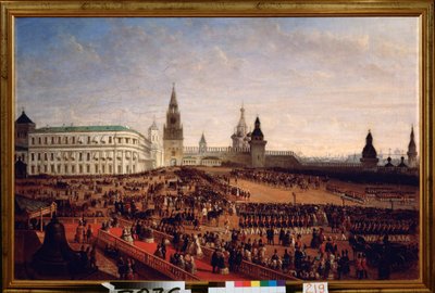 Vojenská přehlídka při korunovaci císaře Alexandra II. (1818-1881) v moskevském Kremlu, 18. února 1855. Obraz Gustava Schwarze (kolem 1800-po 1855), olej na plátně od Gustav Schwarz