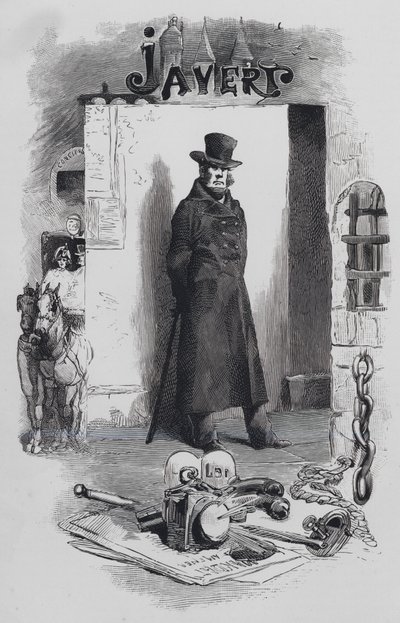 Scéna z Les Miserables, od Victora Huga: Javert, detektiv (rytina) od Gustave (after) Brion
