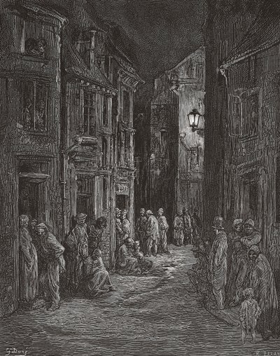 Bluegate Fieldsin slummet Lontoossa 1800-luvulla. (Tulosta) od Gustave (after) Dore