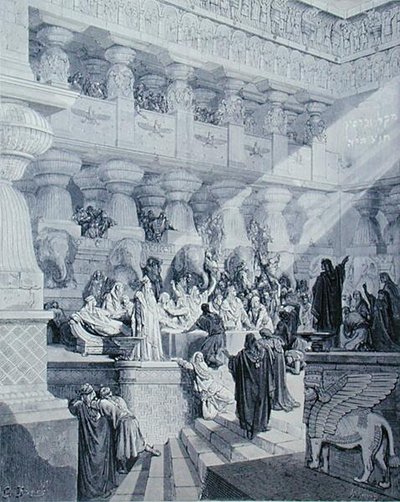 Daniel Interpreting the Writing on the Wall, ryl A. Ligny, kolem roku 1868 (rytina) od Gustave (after) Dore