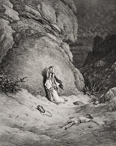 Hagar a Izmael na poušti, ilustrace z Doreovy "Bible svaté", vyryl Piaud od Gustave (after) Dore