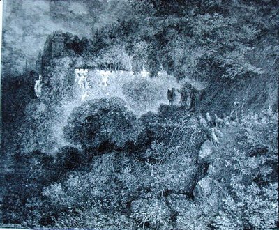 Hrad zarostlý vegetací, ilustrace k „Šípkové Růžence“ od Charlese Perraulta (1628-1703) (rytina) od Gustave (after) Dore