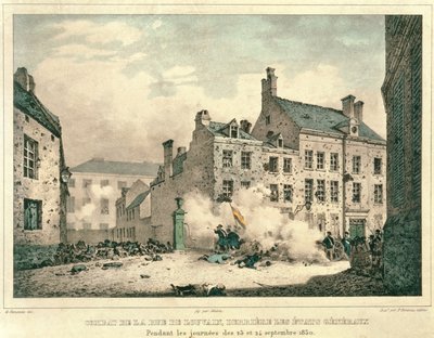Boje v Rue de Louvain, Brusel, Za Etats Generaux, 23.-24. září 1830, vyryl Jean Baptiste Madou (1796-1877) od Gustave Adolphe after Simoneau