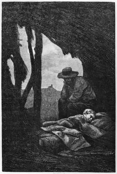 Jean Valjean bdí nad Cosette spící, ilustrace z 