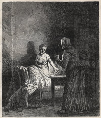 Marguerite vstoupí do Fantineina pokoje a Fantine mu ukáže dva Napoleony (mince), kteří mohou zachránit Cosette, jeho dceru - Ilustrace Gustava Briona (1824-1877) pro „The Miserables - First part: Fantine“ od Victora Huga (1802-1885) 1862 od Gustave Brion