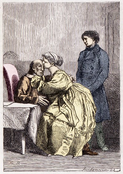 Marius a Cosette navštěvují nemocného Jeana Valjeana - v „“Les Misérables”” od Victora Huga, nemocného. od Brion, ed. Hetzel a Lacroix od Gustave Brion