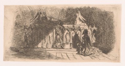 Muž klečí před gotickou hrobkou od Gustave Buschmann