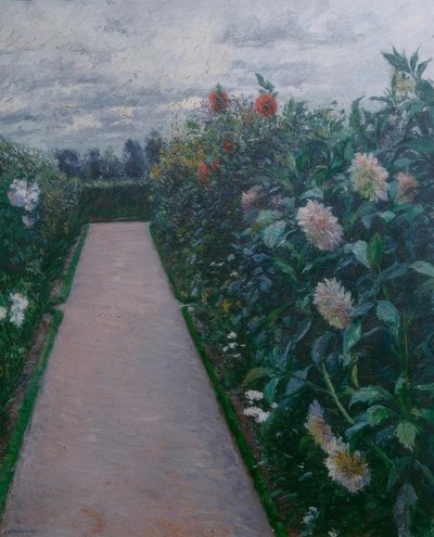 Zahradní cesta a záhony jiřin, Petit Gennevilliers od Gustave Caillebotte