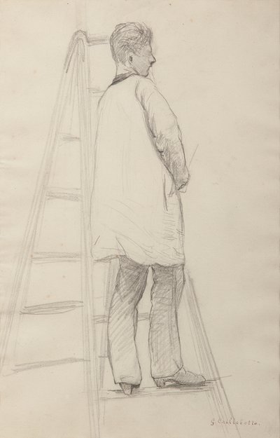 Studie pro malíře pokojů: Muž na žebříku, pohled zezadu ze tří čtvrtin od Gustave Caillebotte