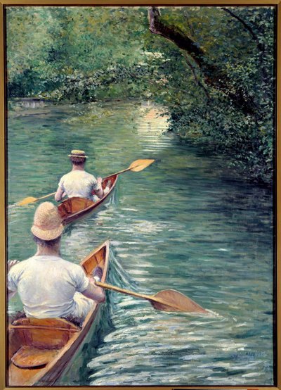 Perissoiry. Pár chodící ve vodě v perissoire, druh kajaku (The Canoes). (Prvek dekorativní sady: triptych navržený s La Peche a la Ligne a Les Baigneurs). Obraz Gustava Caillebotteho (1848-1894) od Gustave Caillebotte