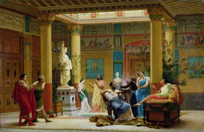 Zkouška hry „Flétnista“ a „manželka Diomedova“ v atriu Pompejského domu prince Napoleona, 18 Avenue Montaigne, Paříž, 1861 od Gustave Clarence Rodolphe Boulanger