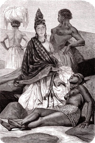 Signare, mulatky-francouzské africké ženy na ostrově Goree v Senegalu. 1861 (rytina) od Gustave Clarence Rodolphe Boulanger