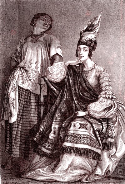 Signare, mulatti-ranskalaiset afrikkalaiset naiset Saint Louisin kaupungissa Senegalissa. 1861 (kaiverrus) od Gustave Clarence Rodolphe Boulanger