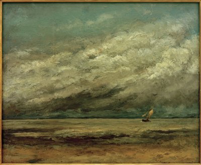 Plachetnice poblíž pobřeží, bouřlivá obloha od Gustave Courbet