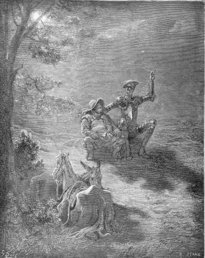 Noční promluva z „Don Quijote de la Mancha“ od Miguela Cervantese (1547-1616) vyrytá Heliodorem Josephem Pisanem (1822-90) kolem roku 1868 od Gustave Dore