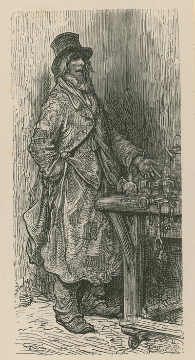 Muž stojí a prodává své zboží ze stánku na trhu od Gustave Dore