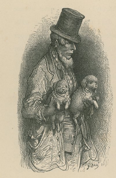 Muž v cylindru, který drží v rukou dva psy od Gustave Dore
