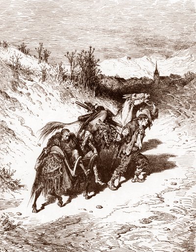 Oráč z vlastní vesnice přivádí Quijota domů Rytina Gustava Dore (1832-1883) pro „L