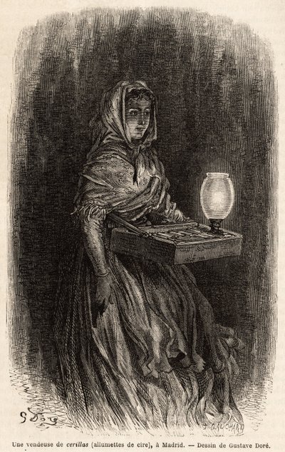 Prodavačka voskových zápalek, skica na živě na puerta del sol v Madridu. Rytina Gustava Dorea (1832-1883) k ilustraci jeho cesty do Španělska s Ch. Davillier (editor), v roce 1862, publikoval v „“Le tour du monde“““ 1869, editoval Edouard Charton, od Gustave Dore