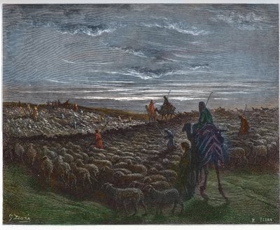 Abraham Journeying Into the Land of Canaan - Abram se usadil v zemi Canaan - rytina v „The Bible illustree“ od Gustava Dore (1832-1883) - Rytina z „“The Dore Bible““ od Gustave Dore