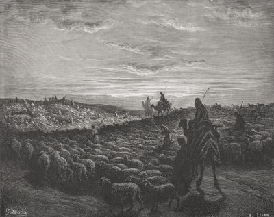 Abraham Journeying Into the Land of Canaan, Genesis 13:1-4, ilustrace z Doreovy „Svaté bible“, vyryté Pisanem, 1866 od Gustave Dore