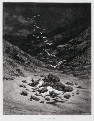 Achan je ukamenován k smrti (Joz 7,1.10-26), Ilustrace z Doreho bible od Gustave Dore