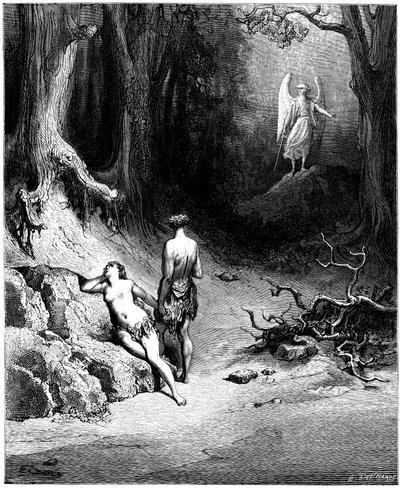 Adam a Eva jsou na lovu z ráje. Ilustrace Gustava Doreho ke knize "Ztracený ráj" od Johna Miltona (1608-1674). Rytina z roku 1866. Soukromá sbírka od Gustave Dore