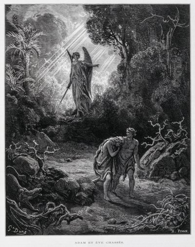 Adam a Eva vykázáni andělem z rajské zahrady, Ilustrace z Doreovy bible. od Gustave Dore