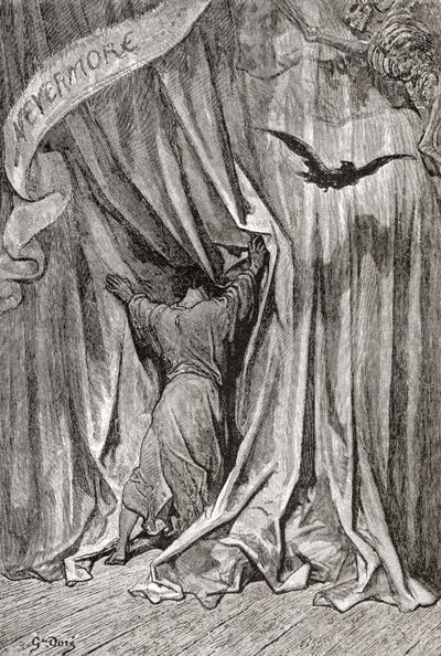 Podle kresby Gustava Dora k básni Edgara Allana Poea Havran. Z knihy Život a vzpomínky Gustava Doreho, vydané v roce 1885. od Gustave Dore