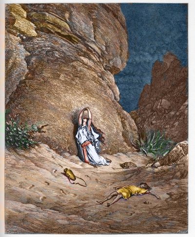 Agar (Hagar) a její syn Ismail (Ishmael), v poušti po vyhnání Abrahamem - Agar (Hagar) a syn Ismael (Ishmael), v poušti poté, co byli uloveni Abrahamem - rytina v „“The Bible illustree““ Gustave Dore (1832-1883) - Rytina fr od Gustave Dore