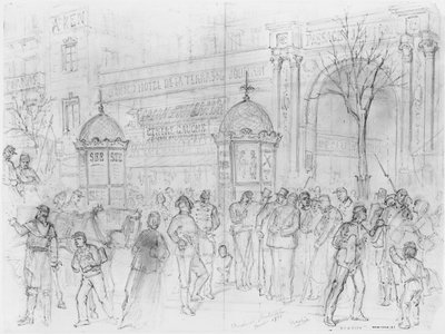 Album Obležení Paříže, Boulevard Montmartre, leden 1871 (pero a hnědý inkoust a tužka na papíře) od Gustave Dore