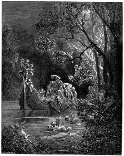 Alcina a Ruggiero jako šťastní milenci na rybaření od Gustave Dore