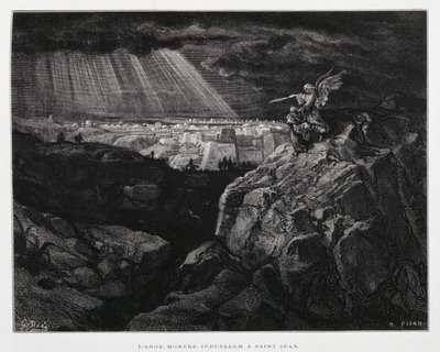 Anděl se svatým Janem Křtitelem před Jeruzalémem, ilustrace z Doreho bible od Gustave Dore