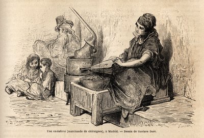 Obchodník s kaštany pod širým nebem se svou přenosnou pecí načrtává živé prostředí na puerta del sol v Madridu. Rytina Gustava Dorea (1832-1883) k ilustraci jeho cesty do Španělska s Ch. Davillier (redaktor), v roce 1862, publikoval v „“Le tour du monde“““ od Gustave Dore