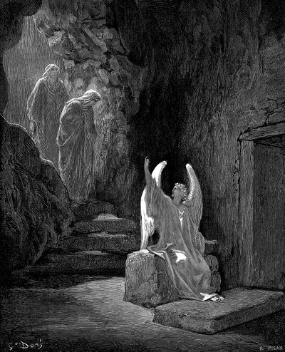 Anděl ukazuje Marii Magdalenu a další Marii Christs prázdnou hrobku, 1865-1866 od Gustave Dore