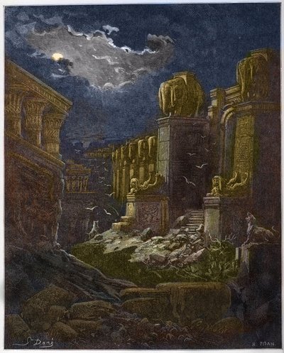 Zřícenina Babylonu - Pád Babylonu - Babylon v troskách (vize svatého Jana) - Rytina v „The Bible illustree“ od Gustava Dore (1832-1883) - Rytina z „“The Dore Bible““ od Gustave Dore