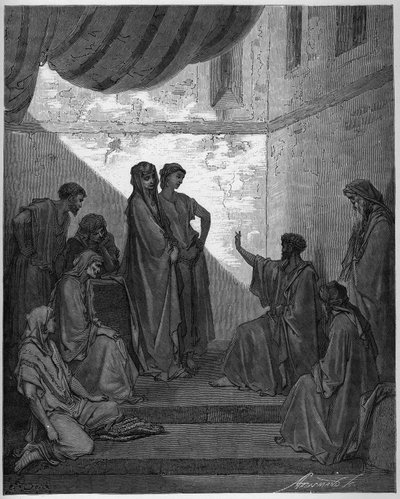 Baptim of Cornelius the Centurion - Cornelius Setník přijímá víru Ježíše Krista a je pokřtěn svatým Petrem. - Rytina do „The Bible illustree“ od Gustava Dore (1832-1883) - Rytina z „“The Dore Bible““ od Gustave Dore