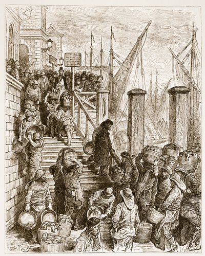 Billingsgate, vyloďování ryb, z knihy "London, a Pilgrimage", kterou napsal William Blanchard Jerrold (1826-94) a vyryl Hildibrand, vyd. 1872 od Gustave Dore