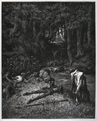 Bivak v lese - Uchváceni krásou toho místa se rozhodli strávit tam hodiny spánku - z „“Don Quijote de la Mancha”” od Miguela Cervantese (1547-1616) (Don Quijote) - Dřevoryt po kresbě od Gustave Dore od Gustave Dore