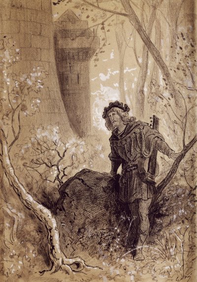 Blondýna slyšící hlas Richarda Lví srdce, ilustrace pro Gargantua a Pantagruel od Francoise Rabelaise (1483-1494 - 1553), rytina od Gustava Dore (1832-1883) od Gustave Dore