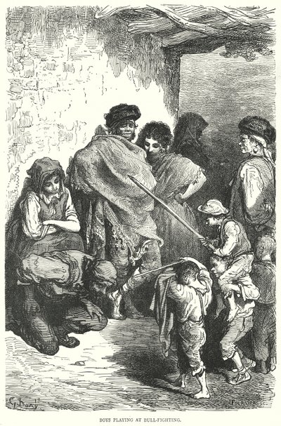 Chlapci hrající si na býčí zápasy (rytina) od Gustave Dore