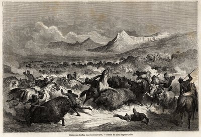 Lov buvolů mezi Delawary, Indiány žijícími na březích stejnojmenné řeky, kresba Gustave Dore (1832-1883), pro ilustraci plavby Mississippi do Tichého oceánu v letech 1853-54 od Baudouina Mollhausena (1825- 1905). Engravi od Gustave Dore